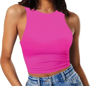 Artfish Women's Sleeveless Cropped Shirts High Neck Stretchy Fitted Basic Crop Tank Top