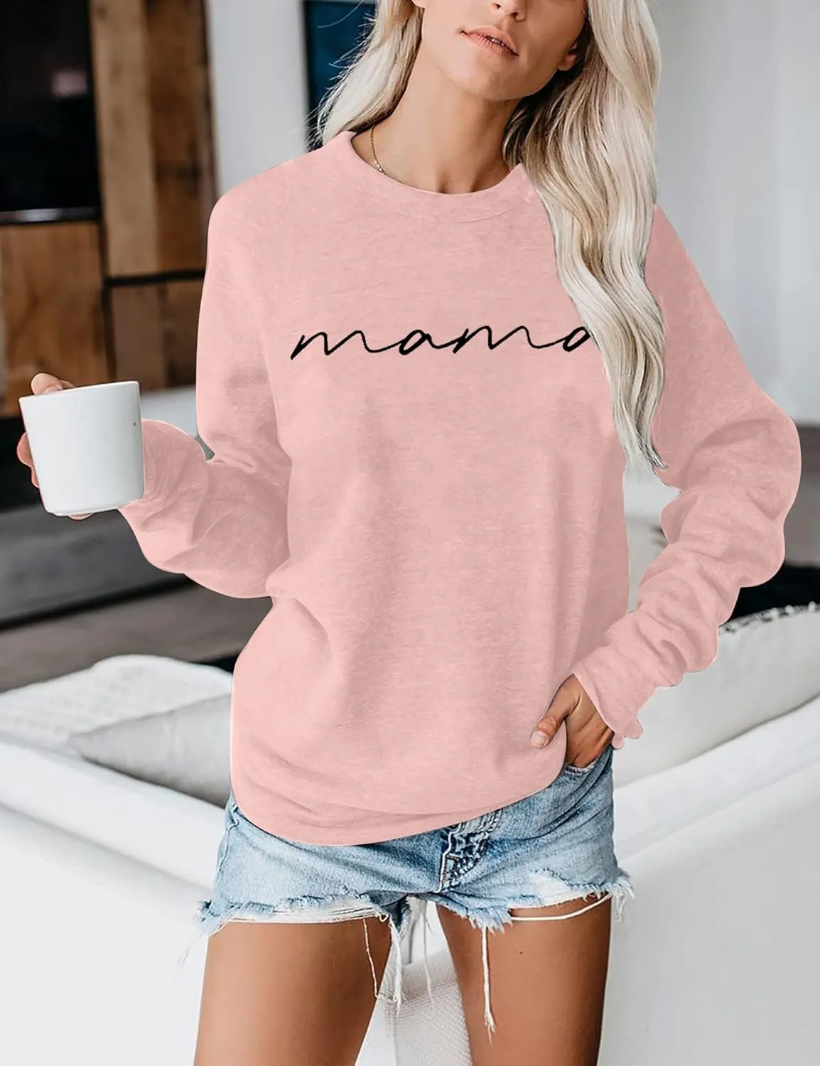 ASTANFY Womens Crewneck Sweatshirt Mama Letter Print Long Sleeve Loose Fashion Pullover Top