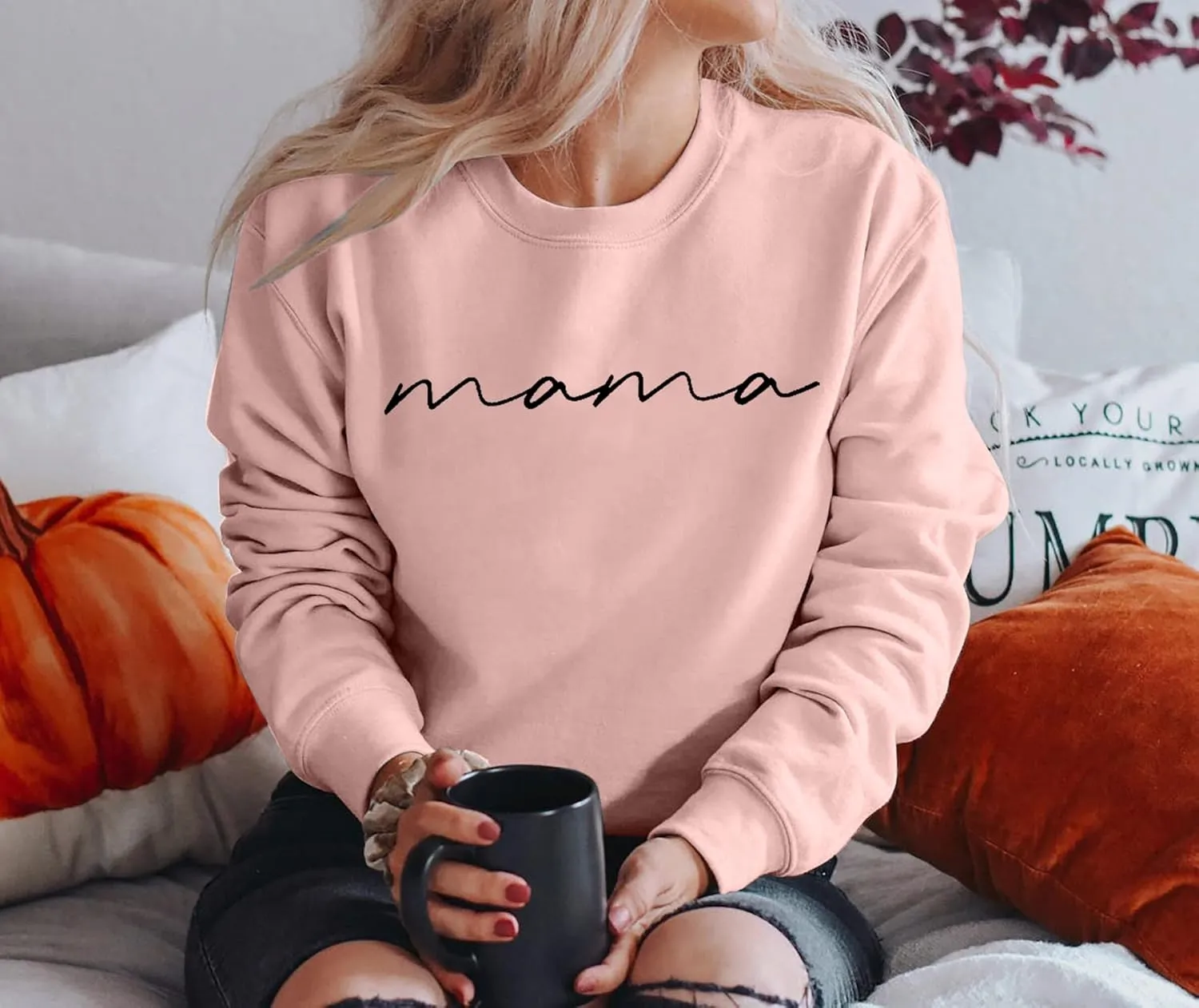 ASTANFY Womens Crewneck Sweatshirt Mama Letter Print Long Sleeve Loose Fashion Pullover Top