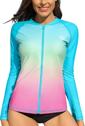 ATTRACO Women's Long Sleeve Rash Guard UV Sun Protection Zipper Gradient Swimsuit Top