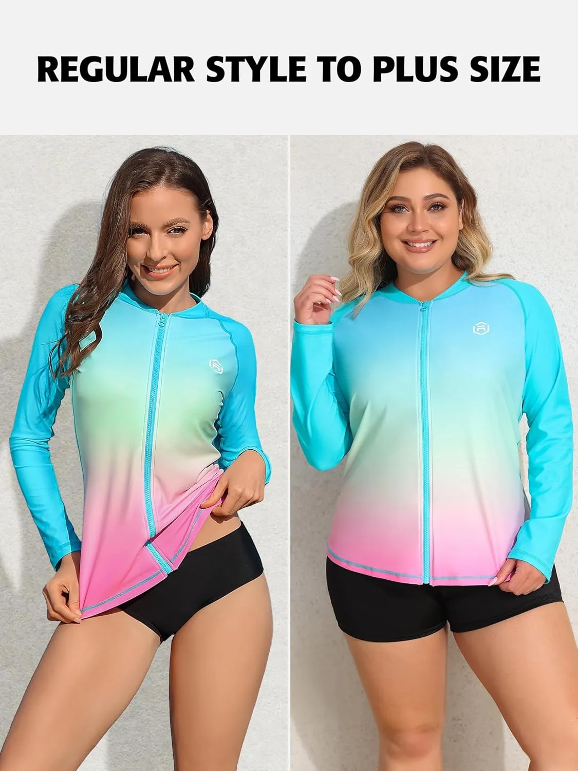 ATTRACO Women's Long Sleeve Rash Guard UV Sun Protection Zipper Gradient Swimsuit Top