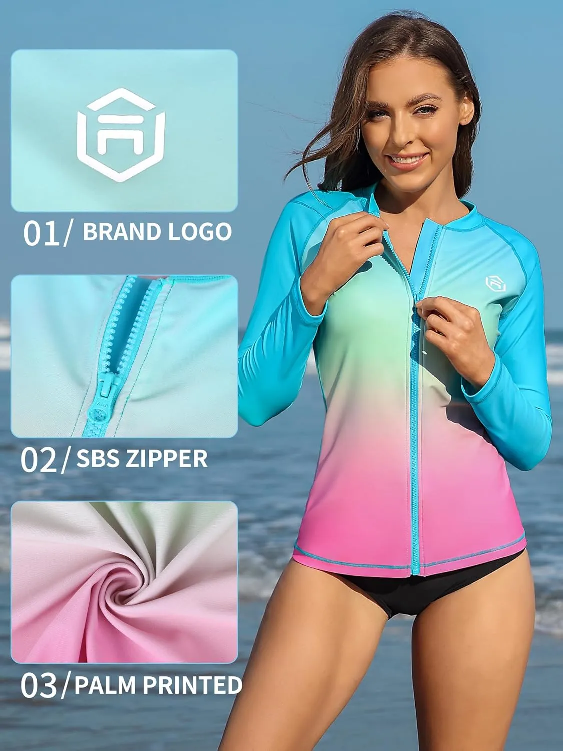 ATTRACO Women's Long Sleeve Rash Guard UV Sun Protection Zipper Gradient Swimsuit Top