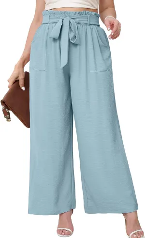 AusLook Women's Plus Size Wide Leg Lounge Pants with Pockets High Waisted Palazzo Adjustable Tie Knot Flowy Trousers