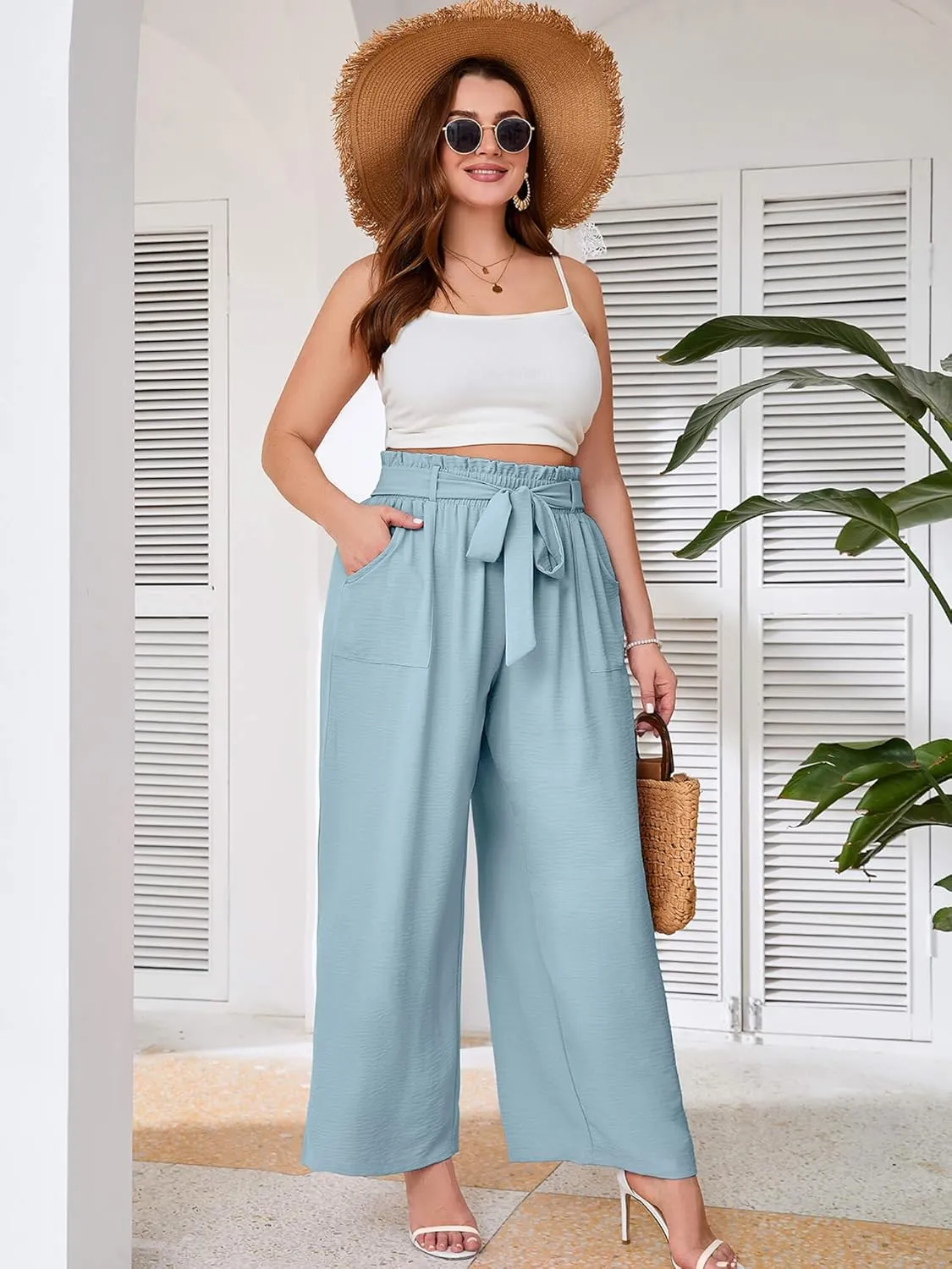 AusLook Women's Plus Size Wide Leg Lounge Pants with Pockets High Waisted Palazzo Adjustable Tie Knot Flowy Trousers