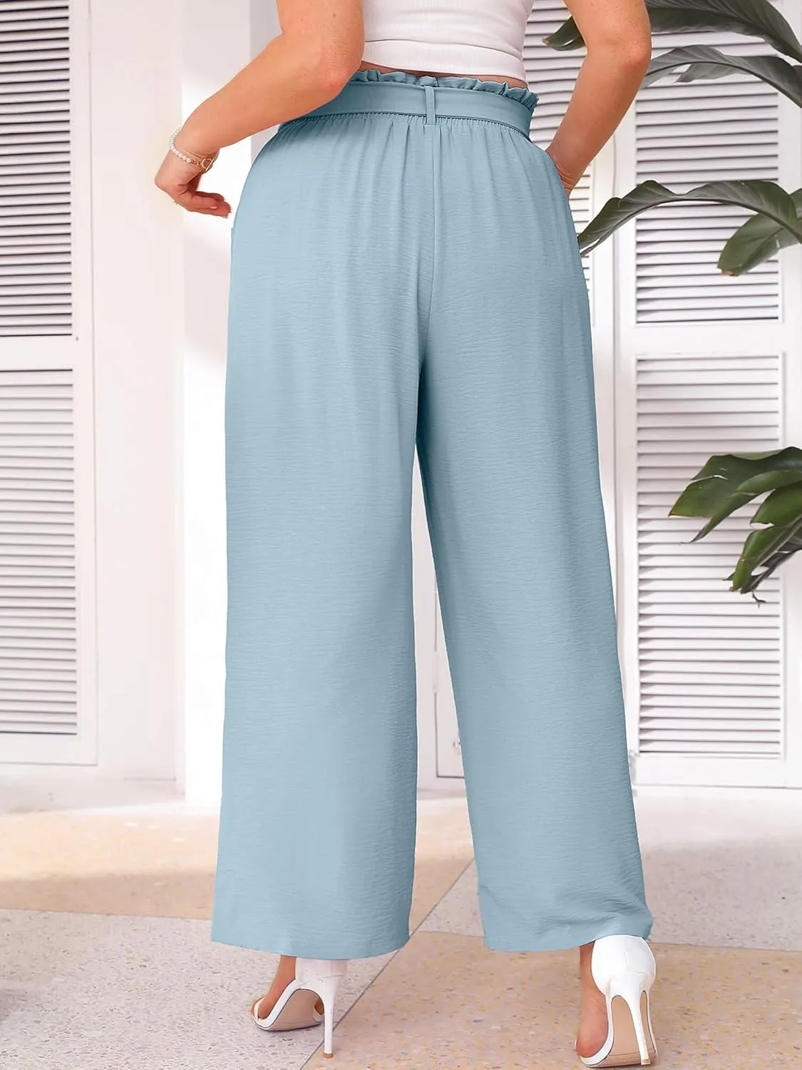 AusLook Women's Plus Size Wide Leg Lounge Pants with Pockets High Waisted Palazzo Adjustable Tie Knot Flowy Trousers