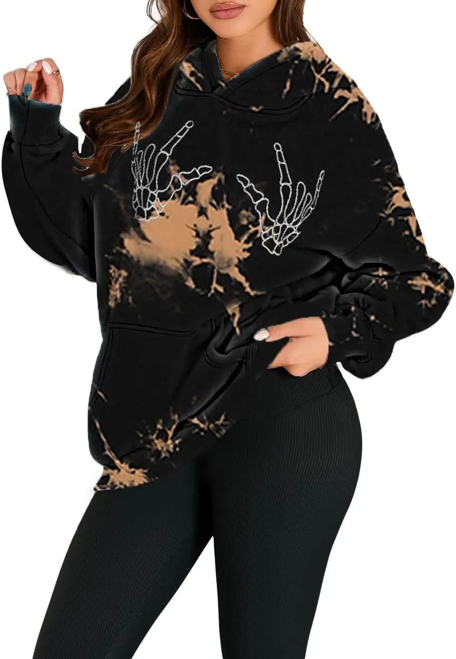 Avanova Women Tie Dye Skull Graphic Hoodie Oversized Long Sleeve Pullover Sweatshirt with Pocket