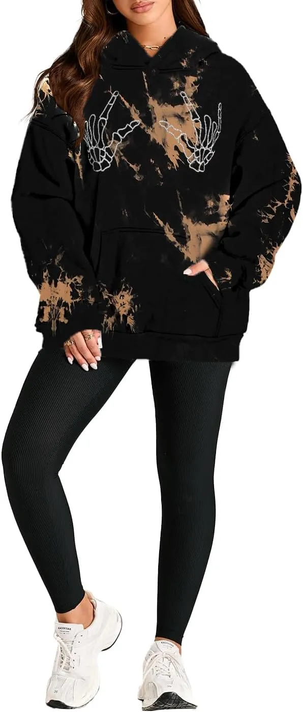 Avanova Women Tie Dye Skull Graphic Hoodie Oversized Long Sleeve Pullover Sweatshirt with Pocket