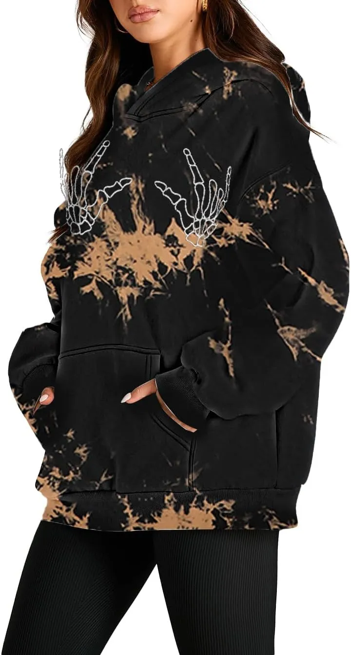 Avanova Women Tie Dye Skull Graphic Hoodie Oversized Long Sleeve Pullover Sweatshirt with Pocket