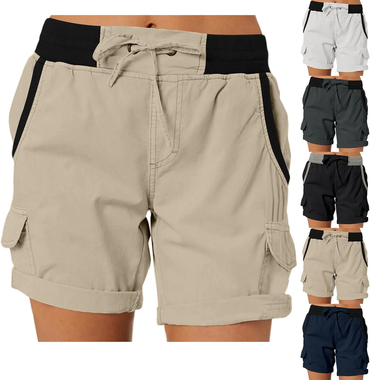 Baggy Cargo Shorts Women Elastic High Waisted Drawstring Summer Twill Hiking Shorts Loose Fit Outdoor Outfits w/Pockets