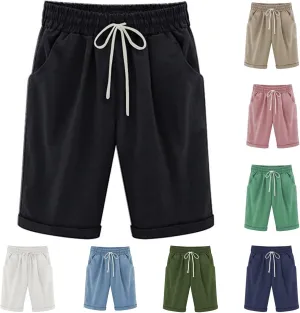 Bermuda Shorts for Women Knee Length Elastic Waist Drawstring Lightweight Shorts Summer Vacation Beach Casual Short