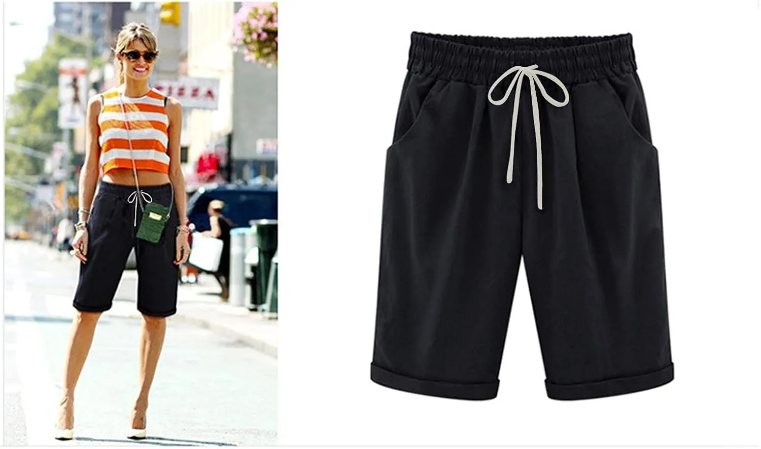 Bermuda Shorts for Women Knee Length Elastic Waist Drawstring Lightweight Shorts Summer Vacation Beach Casual Short