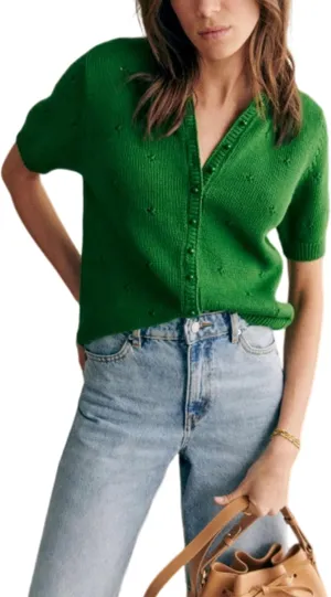 Bianstore Women's Casual Short Sleeve Crewneck Button Down Cardigan Sweater Crochet Knit Top