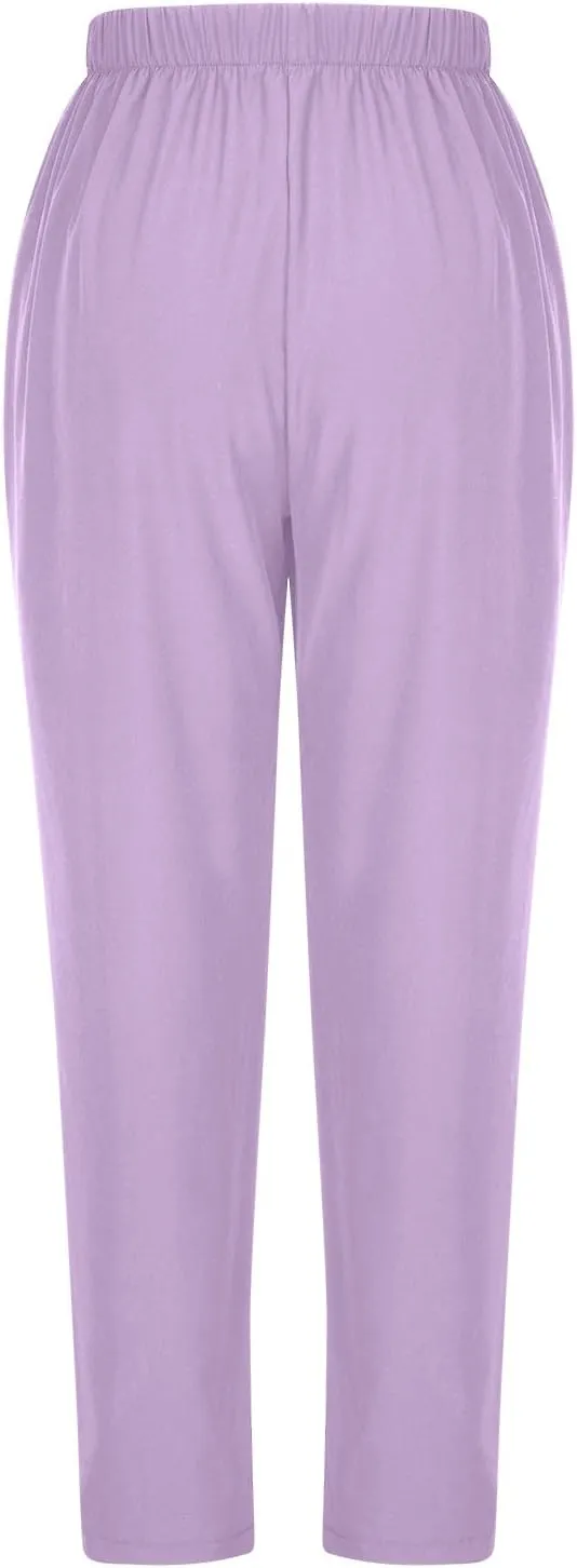 Binmer Women's Straight Leg Long Pants 2024 Summer Dressy Fashion Elastic High Waist Casual Trousers Solid Pull On Work Pants