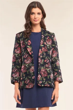 Black Multicolor Floral Brocade Open Front Vintage Chic Blazer /2-1-1-1
