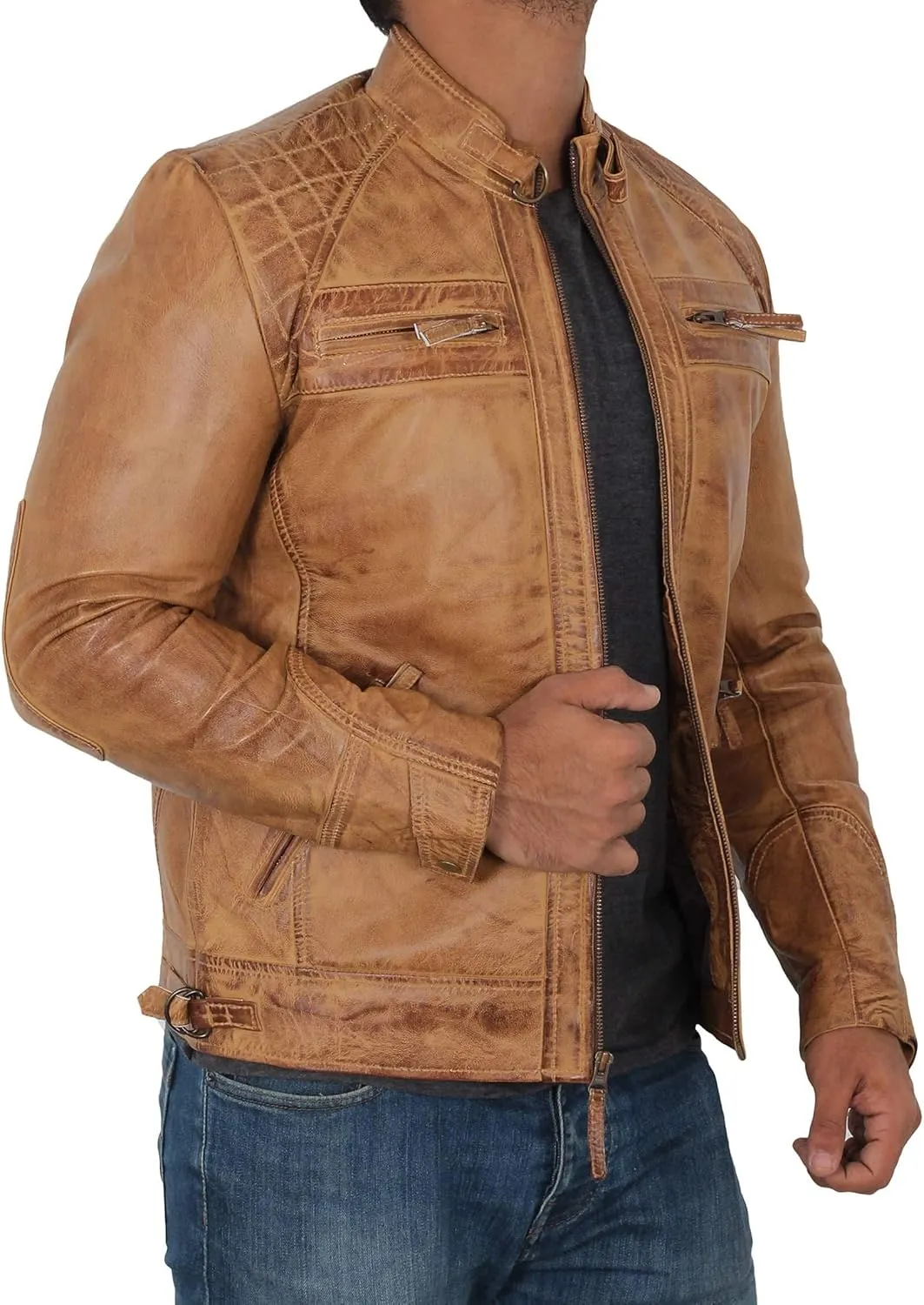 Blingsoul Leather Jacket Men - Quilted Cafe Racer Leather Jackets For Men
