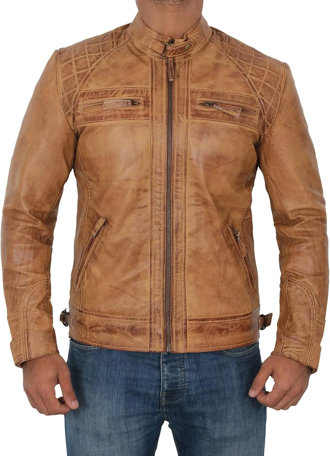 Blingsoul Leather Jacket Men - Quilted Cafe Racer Leather Jackets For Men