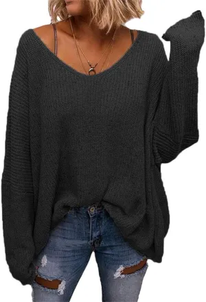 BZB Women's V Neck Long Sleeve Knit Loose Oversized Pullover Sweater Top