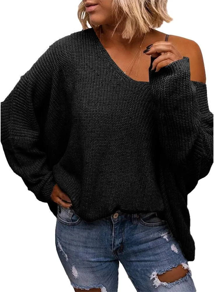BZB Women's V Neck Long Sleeve Knit Loose Oversized Pullover Sweater Top