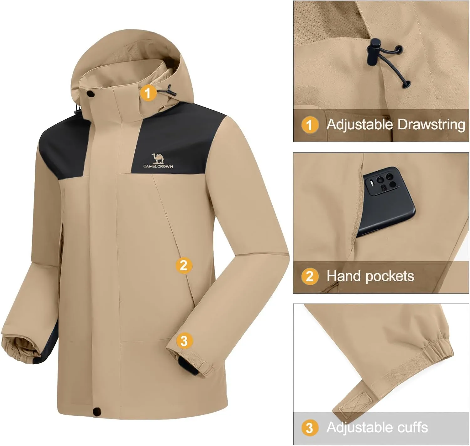 CAMEL CROWN Men's Waterproof Jacket Rain Coat Windbreaker Hooded for Outdoor Hiking Climbing Traveling