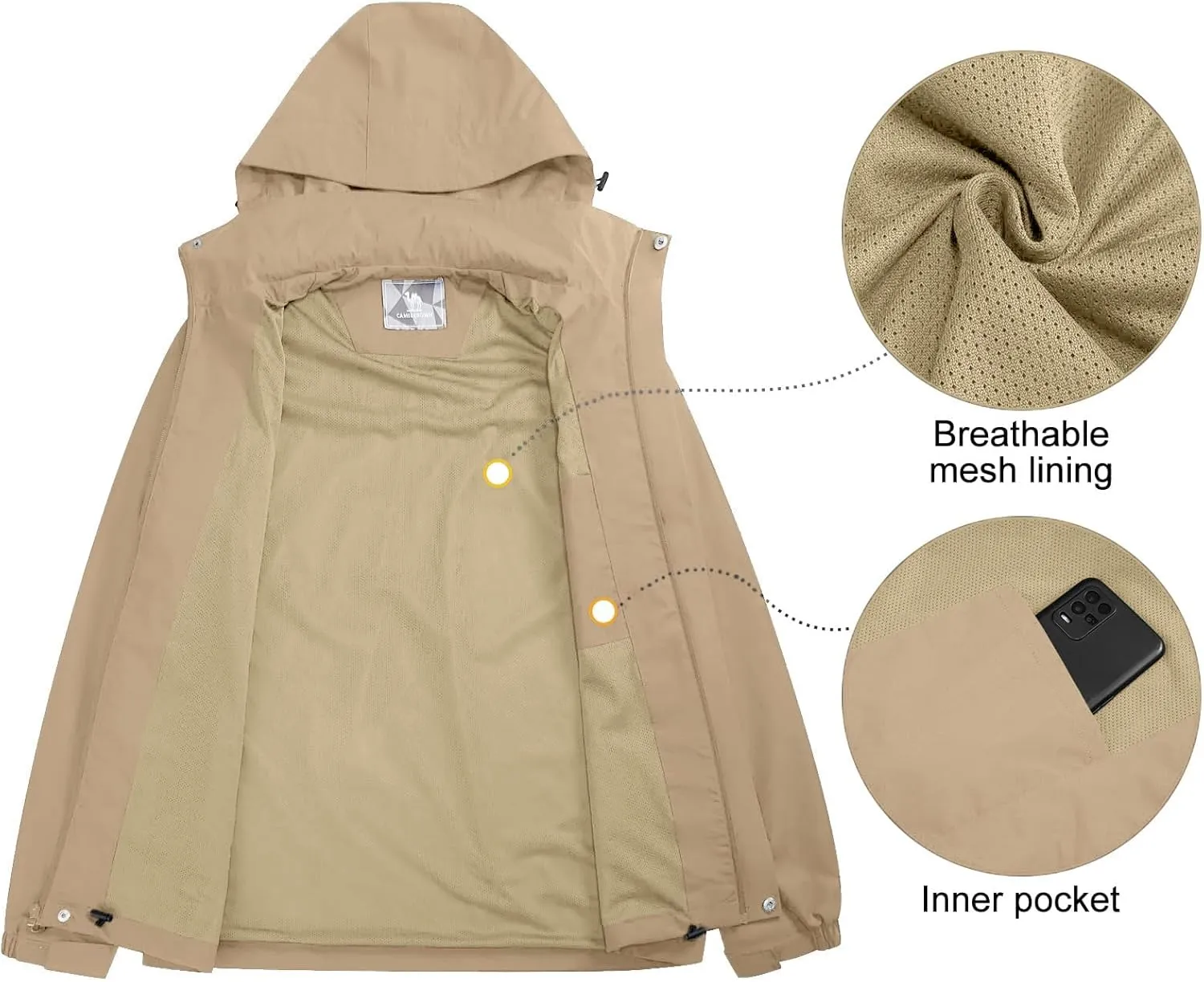CAMEL CROWN Men's Waterproof Jacket Rain Coat Windbreaker Hooded for Outdoor Hiking Climbing Traveling