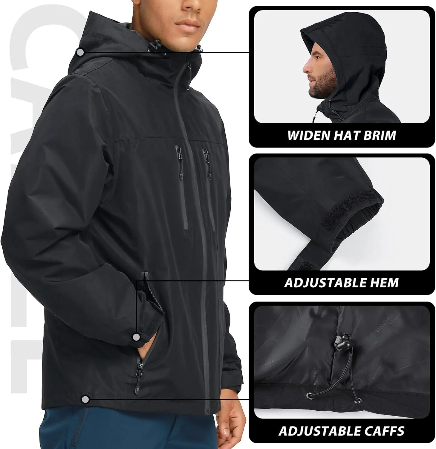 CAMEL CROWN Men's Waterproof Shell Jacket Windbreaker Hooded Rain Coat for Outdoor Hiking Climbing Traveling