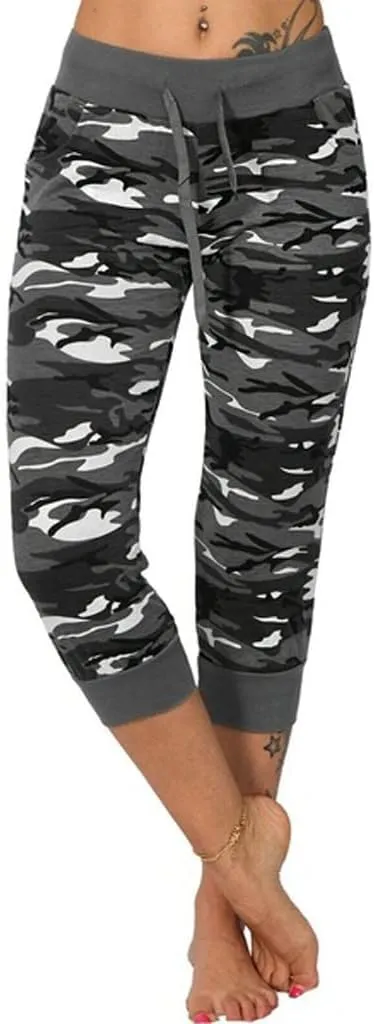 Camo Print Capri Pants for Women High Waist Casual Drawstring Trousers Workout Athletic Running Capri Leggings