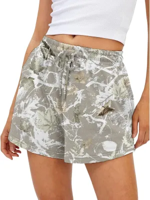 Camo Shorts Women Maple Leaf Print Sweat Short Elastic High Waisted Workout Shorts Lounge Camouflage Short