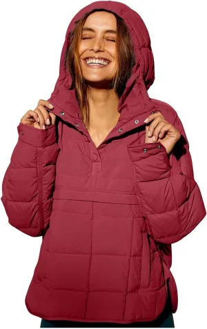 Canbebig Lightweight Puffer Jacket Women Quilted Pullover Puffer Jacket Packable Down Coat Oversized Hoodies Warm Winter Coat