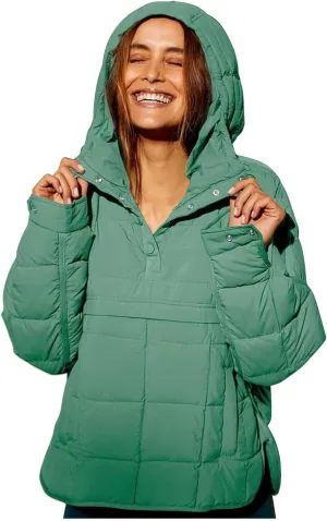 Canbebig Lightweight Puffer Jacket Women Quilted Pullover Puffer Jacket Packable Down Coat Oversized Hoodies Warm Winter Coat