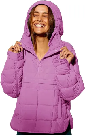 Canbebig Lightweight Puffer Jacket Women Quilted Pullover Puffer Jacket Packable Down Coat Oversized Hoodies Warm Winter Coat