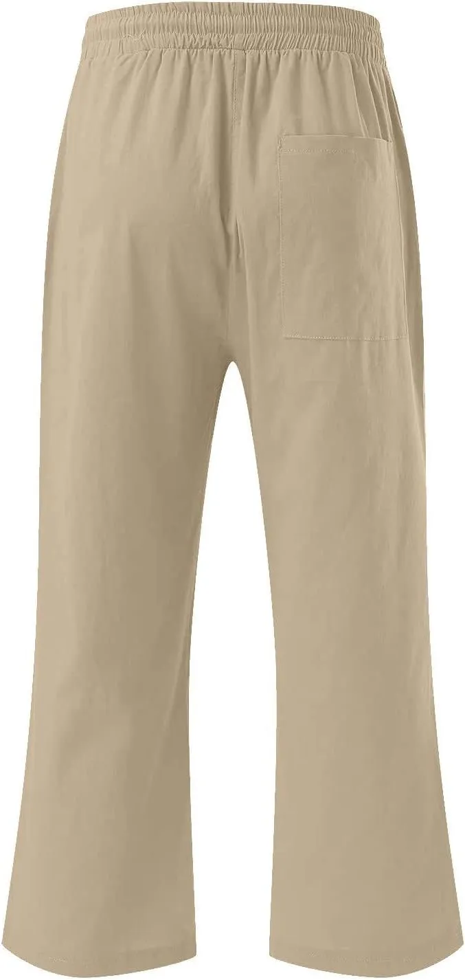 Capri Pants for Women Casual Summer Cotton Elastic High Waist Linen Pants Plus Size Cropped Pant Beach Clothes Trousers