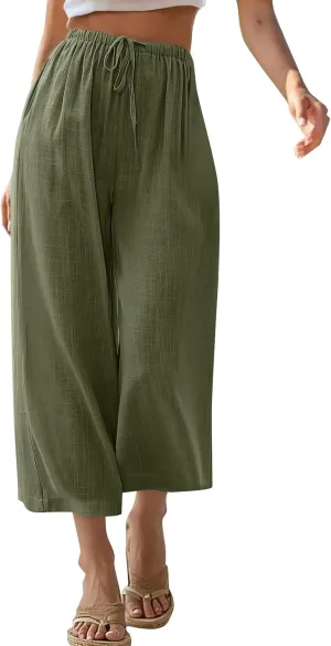 Capri Pants for Women High Waisted Wide Leg Linen Palazzo Trousers Summer Elastic Smock Waist Loose Flowy Pants