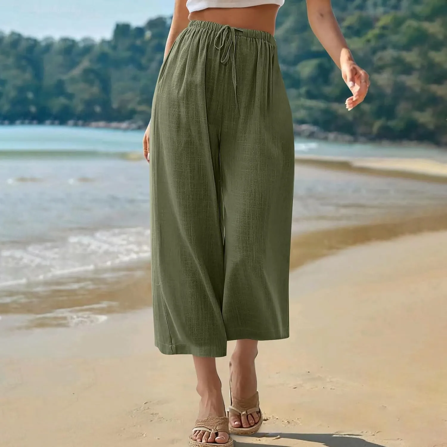 Capri Pants for Women High Waisted Wide Leg Linen Palazzo Trousers Summer Elastic Smock Waist Loose Flowy Pants