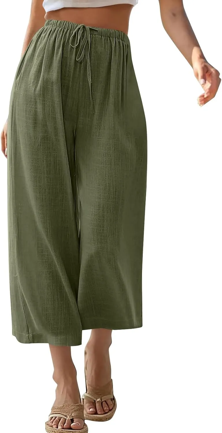 Capri Pants for Women High Waisted Wide Leg Linen Palazzo Trousers Summer Elastic Smock Waist Loose Flowy Pants