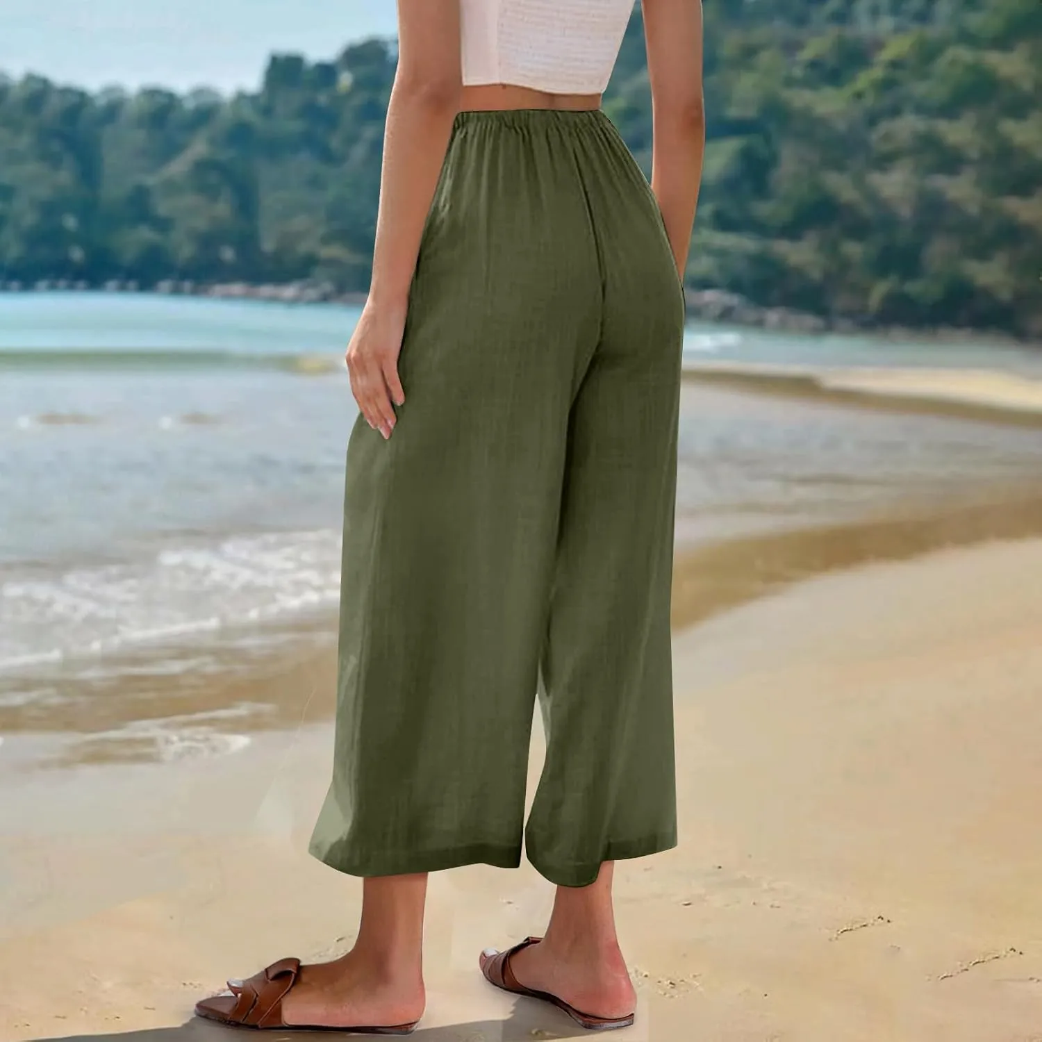Capri Pants for Women High Waisted Wide Leg Linen Palazzo Trousers Summer Elastic Smock Waist Loose Flowy Pants