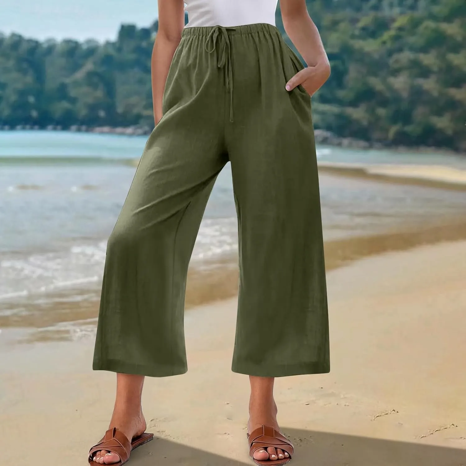 Capri Pants for Women High Waisted Wide Leg Linen Palazzo Trousers Summer Elastic Smock Waist Loose Flowy Pants