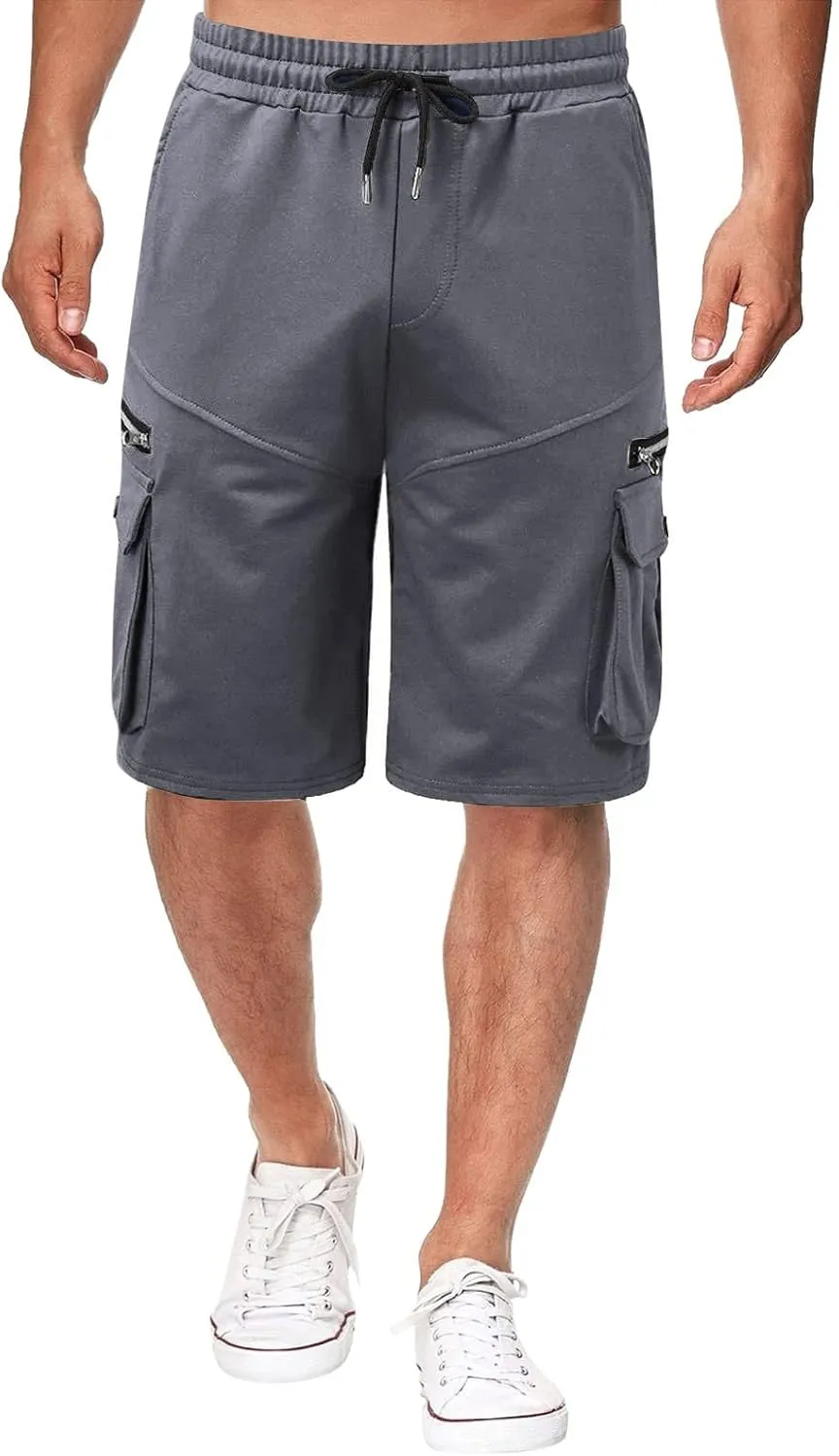 Cargo Shorts for Men Loose Fit Elastic Waist Drawstring Casual Work Shorts with Multi Pockets Twill Outdoor Hiking Shorts