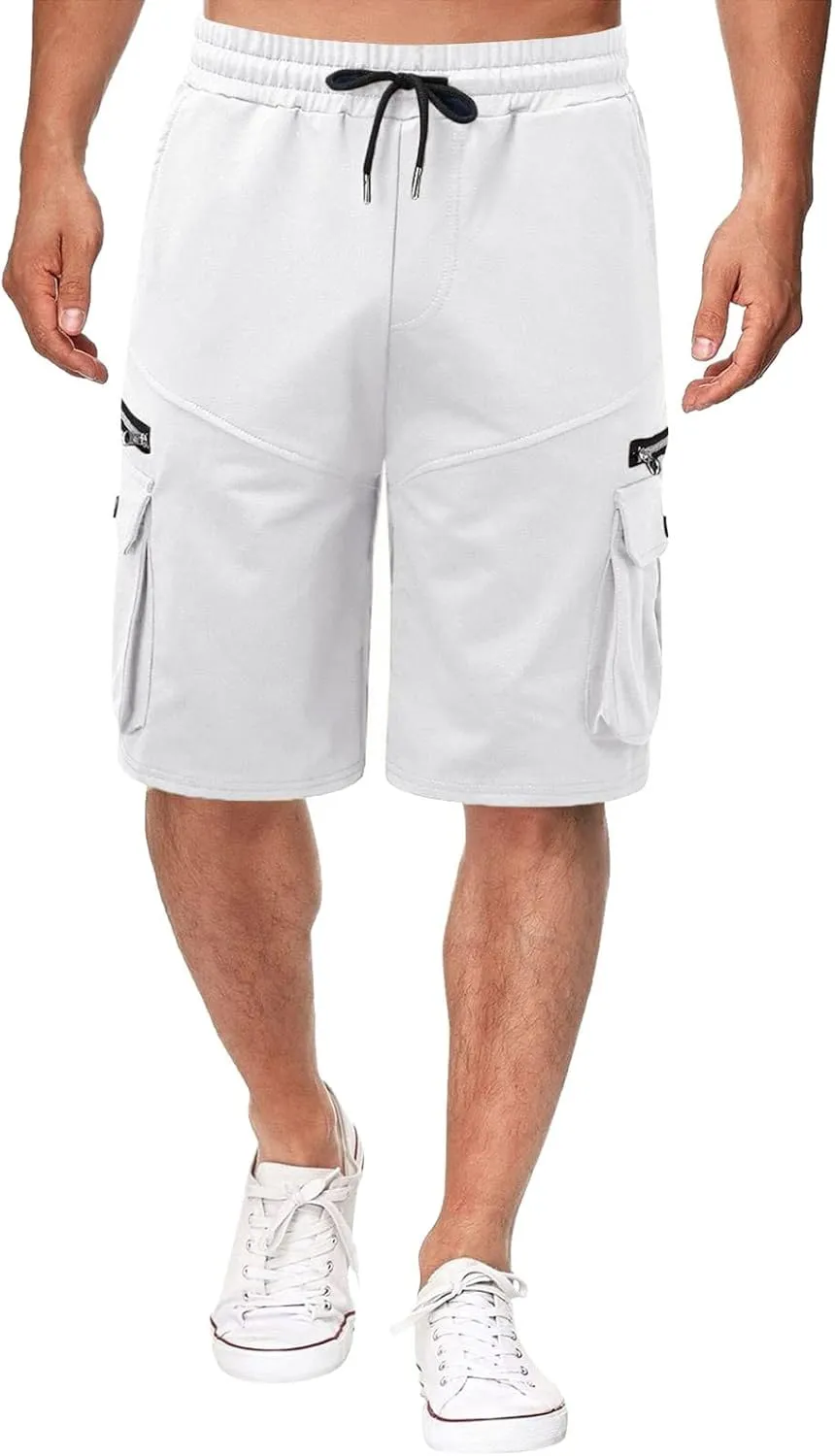 Cargo Shorts for Men Loose Fit Elastic Waist Drawstring Casual Work Shorts with Multi Pockets Twill Outdoor Hiking Shorts