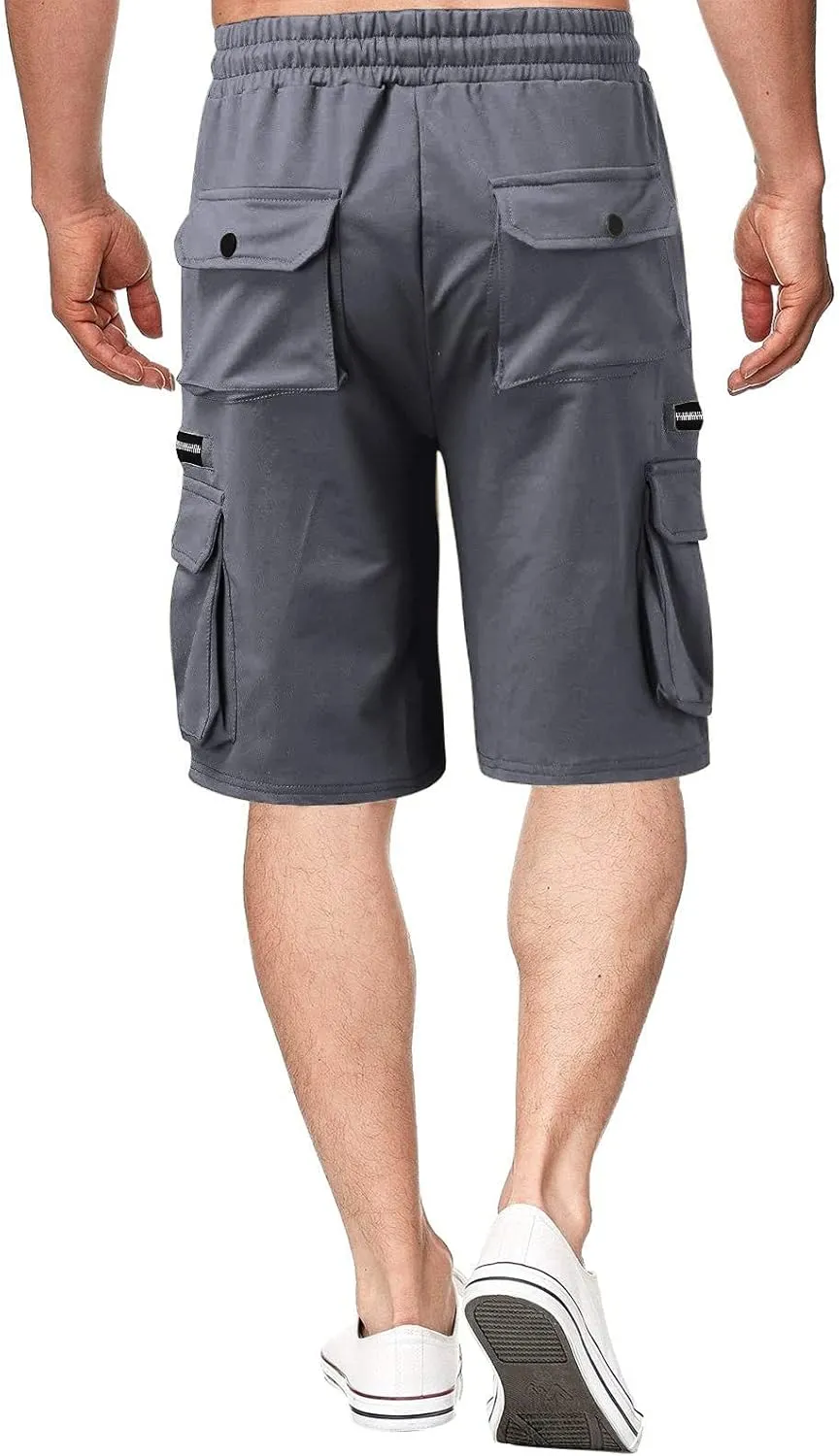 Cargo Shorts for Men Loose Fit Elastic Waist Drawstring Casual Work Shorts with Multi Pockets Twill Outdoor Hiking Shorts