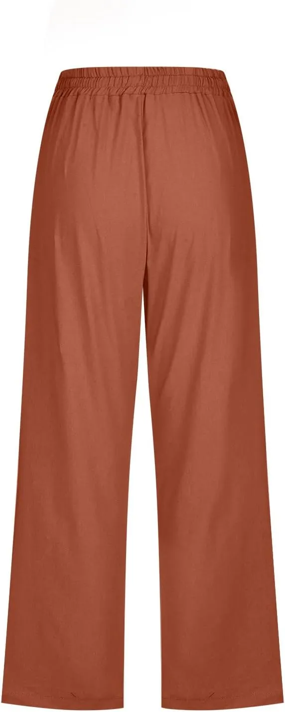 Casual Capri Pants for Women Summer Cotton Linen Cropped Pants Elastic High Waist Trousers Straight Wide Leg Pants