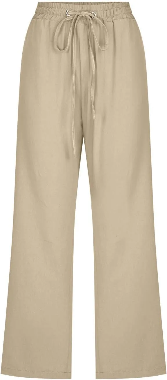 Casual Capri Pants for Women Summer Cotton Linen Cropped Pants Elastic High Waist Trousers Straight Wide Leg Pants