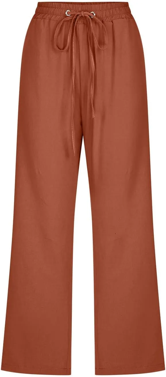 Casual Capri Pants for Women Summer Cotton Linen Cropped Pants Elastic High Waist Trousers Straight Wide Leg Pants
