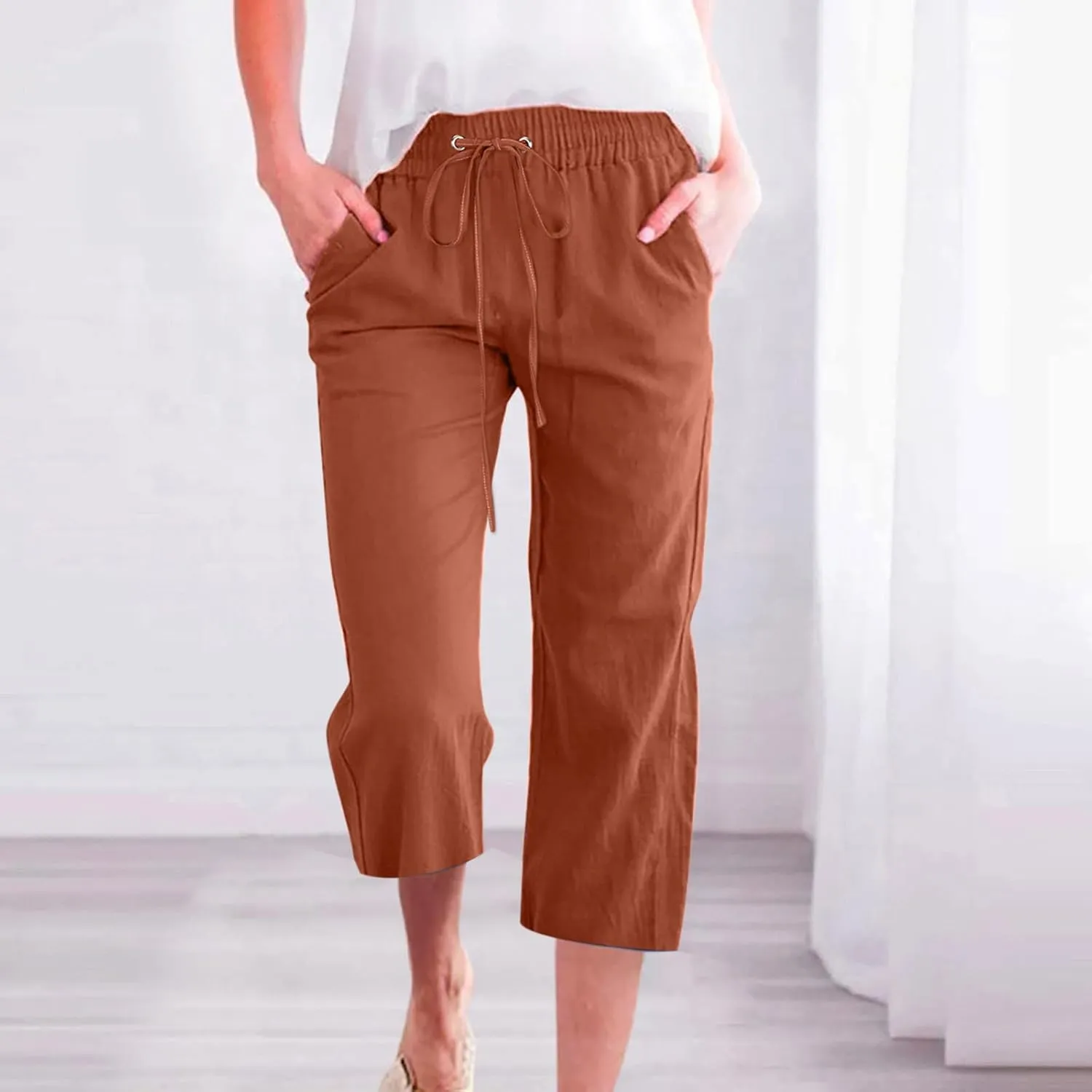 Casual Capri Pants for Women Summer Cotton Linen Cropped Pants Elastic High Waist Trousers Straight Wide Leg Pants