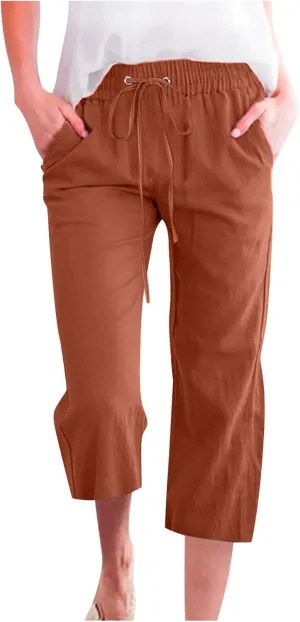 Casual Capri Pants for Women Summer Cotton Linen Cropped Pants Elastic High Waist Trousers Straight Wide Leg Pants