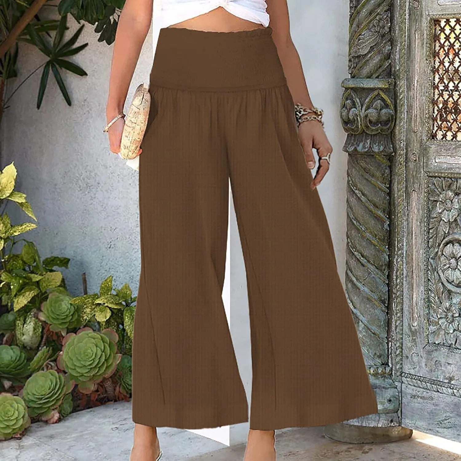 Ceboyel Wide Leg Palazzo Pants for Women High Waist Gaucho Pants Elastic Flowy Culottes Summer Beach Trousers 2023