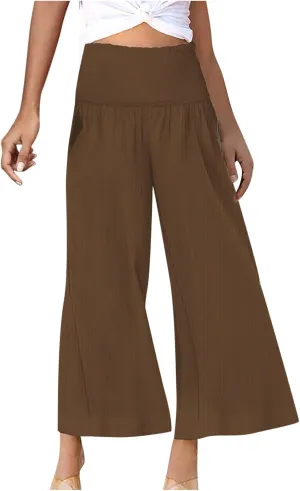 Ceboyel Wide Leg Palazzo Pants for Women High Waist Gaucho Pants Elastic Flowy Culottes Summer Beach Trousers 2023