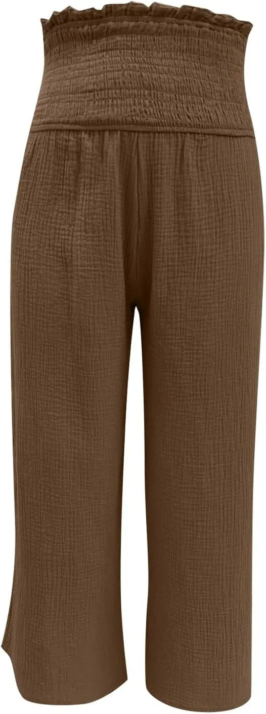 Ceboyel Wide Leg Palazzo Pants for Women High Waist Gaucho Pants Elastic Flowy Culottes Summer Beach Trousers 2023
