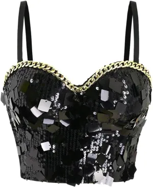 Chain Sequin Tube Top Camisole Vest Outerwear Corset Herringbone Bra for Women