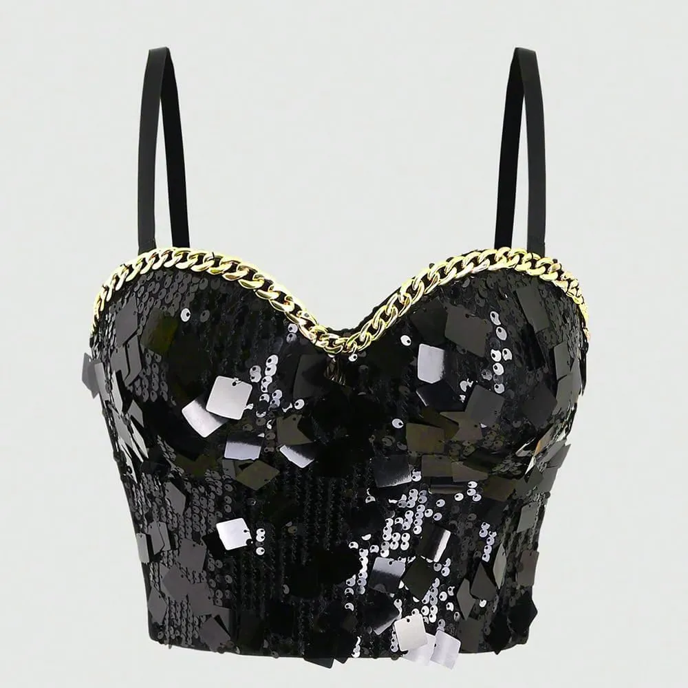 Chain Sequin Tube Top Camisole Vest Outerwear Corset Herringbone Bra for Women