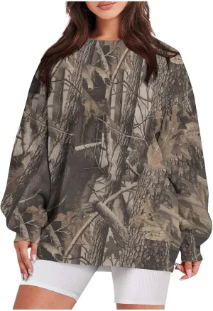 ChicCrate Womens Camo Hoodie Oversized Crewneck Sweatshirts Long Sleeve Loose Fit Pullover Maple Leaf Print Tops Y2K Blouse